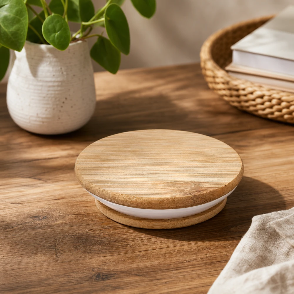 Trælåg version "A" til WECK RR60. Ideelt til WECK-krukker og -flasker med rund kant 60 mm (RR60). Varme- og kuldebestandigt, tåler opvaskemaskine. Trælåg WECK RR60 på træbord i naturlige omgivelser med plante og kurv som livsstilsproduktfotografering