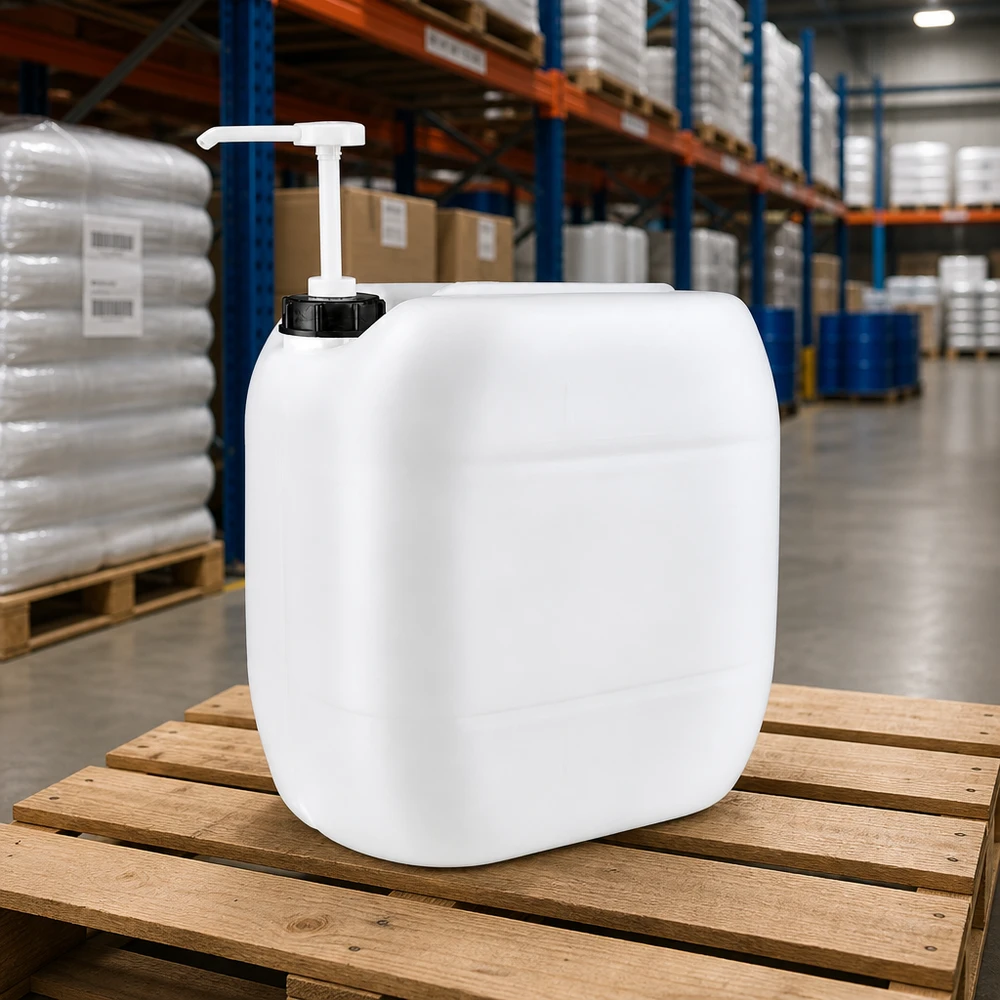 Beholder 30 liter med doseringspumpe Firkantet 30-liters plastdunk med doseringspumpe på træpalle på lageret