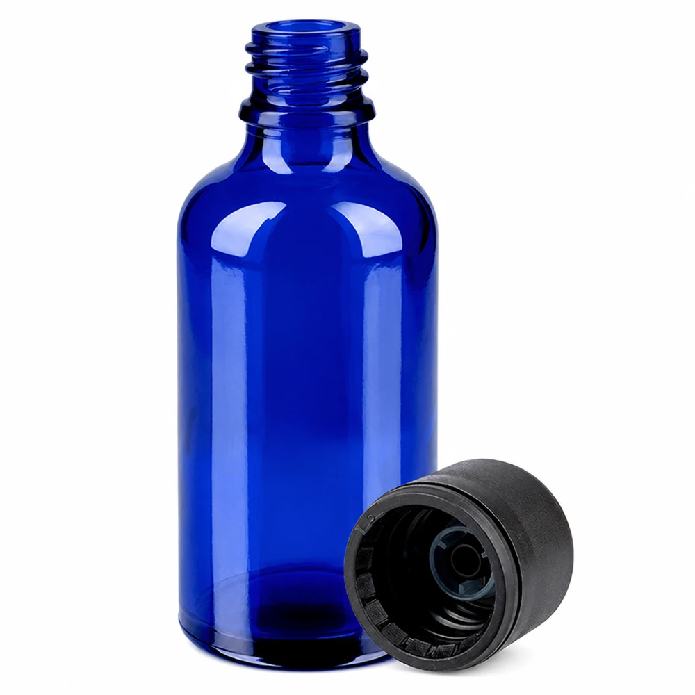 50 ml flaske 6 mm SV sort STD BlueLine UT18/50 50 ml apotekerflaske af blåt glas med skruelåg til aromaterapi og naturkosmetik