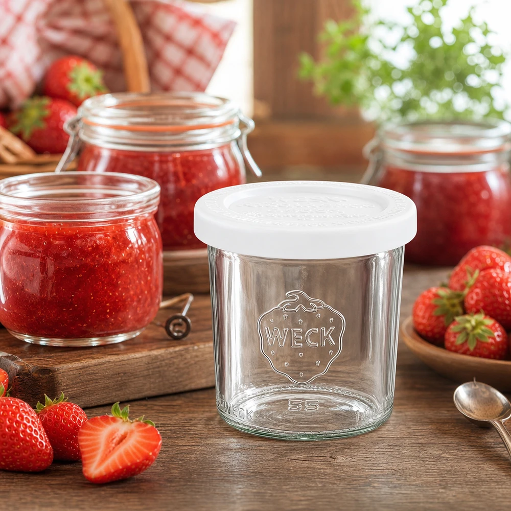 140 ml krukke med friskhedslåg WECK RR60 WECK 140 ml syltetøjsglas med jordbær og marmelade på et træbord - RR60-bægre til syltetøj og smørepålæg