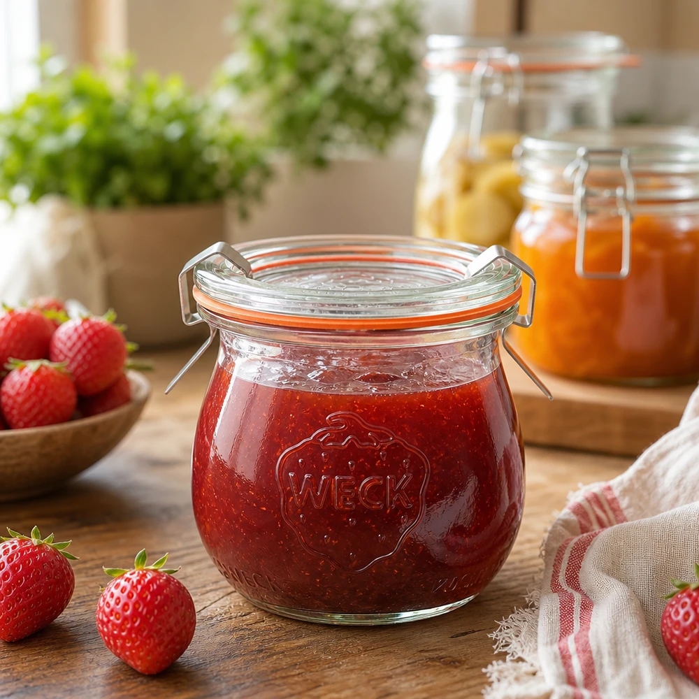 75 ml tulipankrukke komplet WECK RR40 WECK tulipankrukke 75 ml fyldt med jordbærmarmelade i et rustikt køkkenbillede med friske jordbær og syltetøjsglas