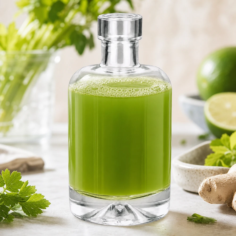 50 ml glasflaske 50ml Glasflasche "Amelie" ohne Verschluss UNiTWIST uden låg UNiTWIST® 50 ml glasflaske Amelie fyldt med grønt urteekstrakt ved siden af friske urter og lime viser anvendelse af naturlig kosmetik
