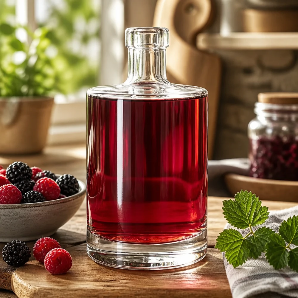 500 ml glasflaske »Marie« uden låg UNiTWIST® 500ml Glasflasche Marie gefüllt mit rotem Beerenlikör umgeben von frischen Himbeeren und Brombeeren als Dekoidee