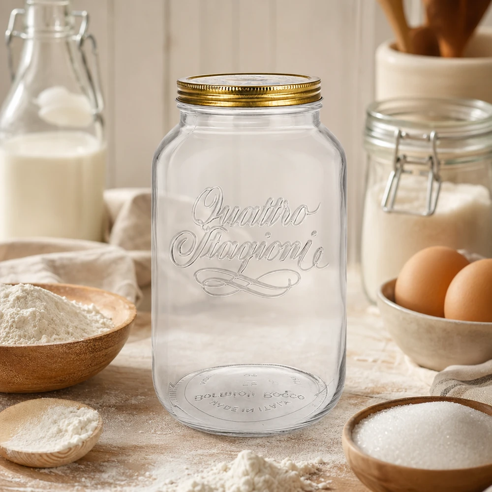3800 ml rundt glas "Quattro Stagioni" med låg Quattro Stagioni 3800 ml rund krukke i rustikt køkken omgivet af bageingredienser mel æg og mælk opbevaringskrukke