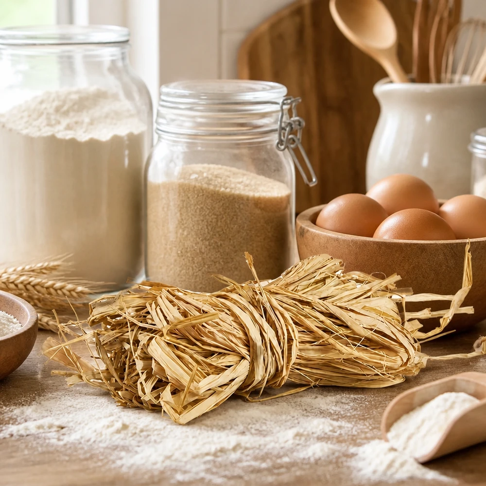 Naturbast til dekoration, 30 g Naturraffia 30 g gyldenbeige som køkkenhjælp til pastabundter sammen med æg og mel viser traditionel brug