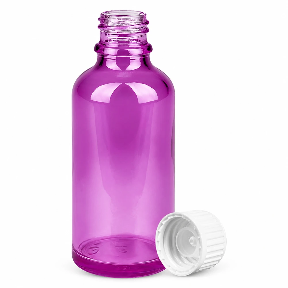 50 ml (globule) flaske 3 mm hældering hvid Standard PurpleLine. UT18/50 Lilla 50 ml glasflaske med hvid hætte til æteriske olier og serum