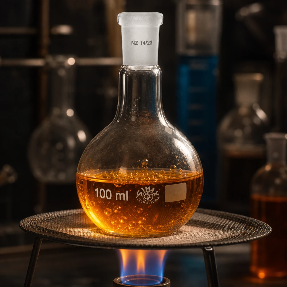 100 ml kolbe med standard slebet led (14/23) Stående kolbe 100 ml med standardslibestykke 14/23 på brænder til opvarmning og destillation