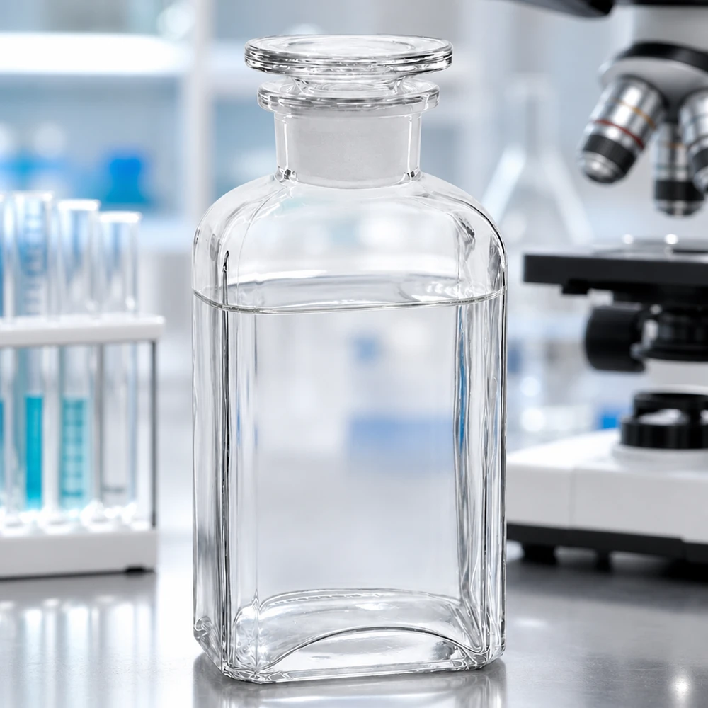 Firkantet flaske 250 ml klar glasprop med bred hals Firkantet flaske, 250 ml, klart glas, bred hals, med glasprop, på et laboratoriebord ved siden af et mikroskop