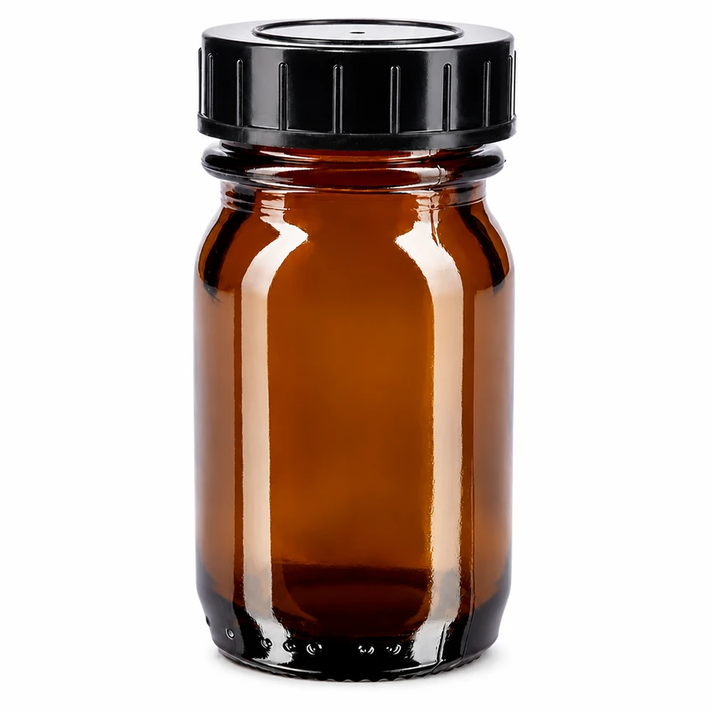 30 ml flaske med bred hals i ravfarvet glas med skruelåg 30 ml flaske med bred hals lavet af ravfarvet glas med sort skruelåg til sikker opbevaring