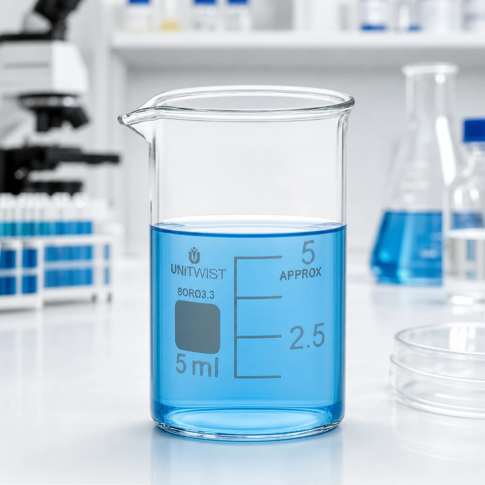Bæger 5 ml borosilikat, lav form UNiTWIST UNiTWIST 5 ml boresilikatglas, lav form, med blå væske i laboratoriet