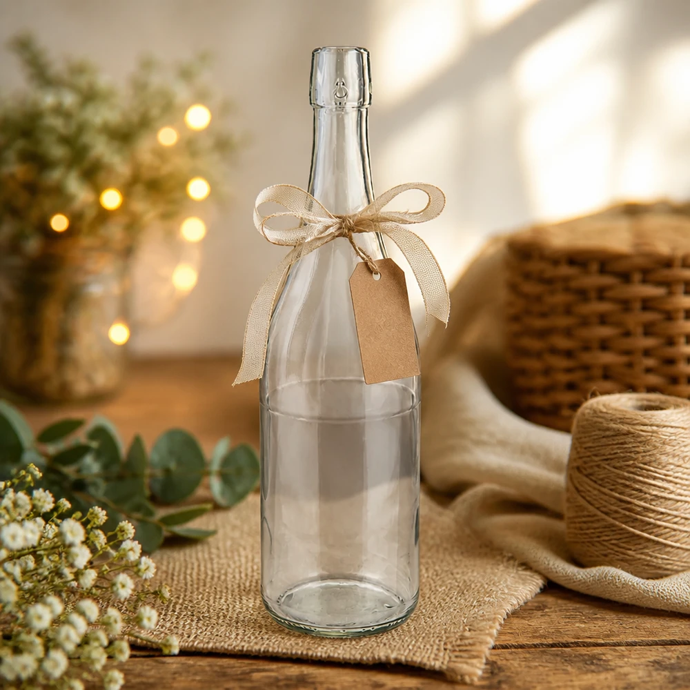 750 ml glasflaske uden skruelåg UNiTWIST 750 ml UNiTWIST glasflaske dekorativ med sløjfe og gavemærke rustikt håndværksmateriale jute