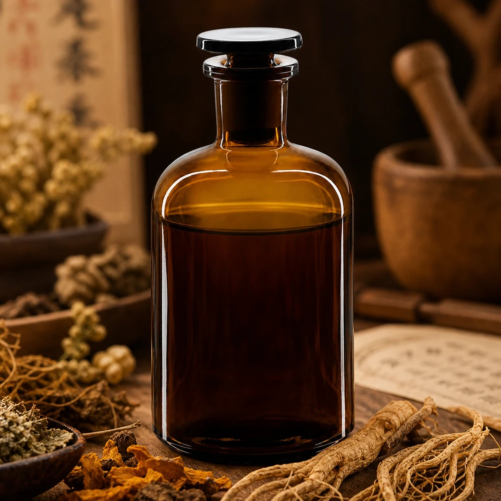 Rund skulderflaske 250 ml brun glasprop med smal hals Rundskulderflaske, 250 ml, brun, med smal hals og glasprop til traditionelle lægeurter