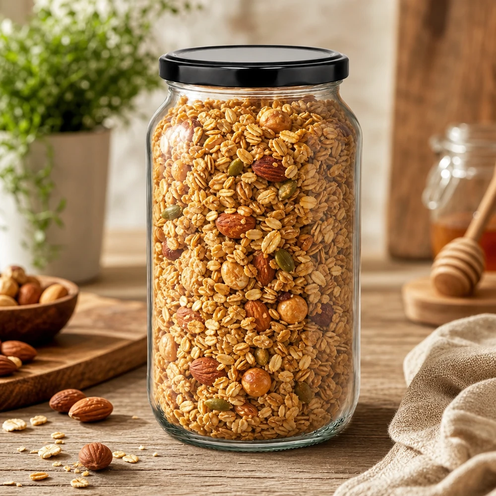 1062 ml rund krukke med BasicSeal-låg sort UNiTWIST 1062 ml rund krukke fyldt med müsli og nødder - stor opbevaringskrukke med sort låg til tørre fødevarer