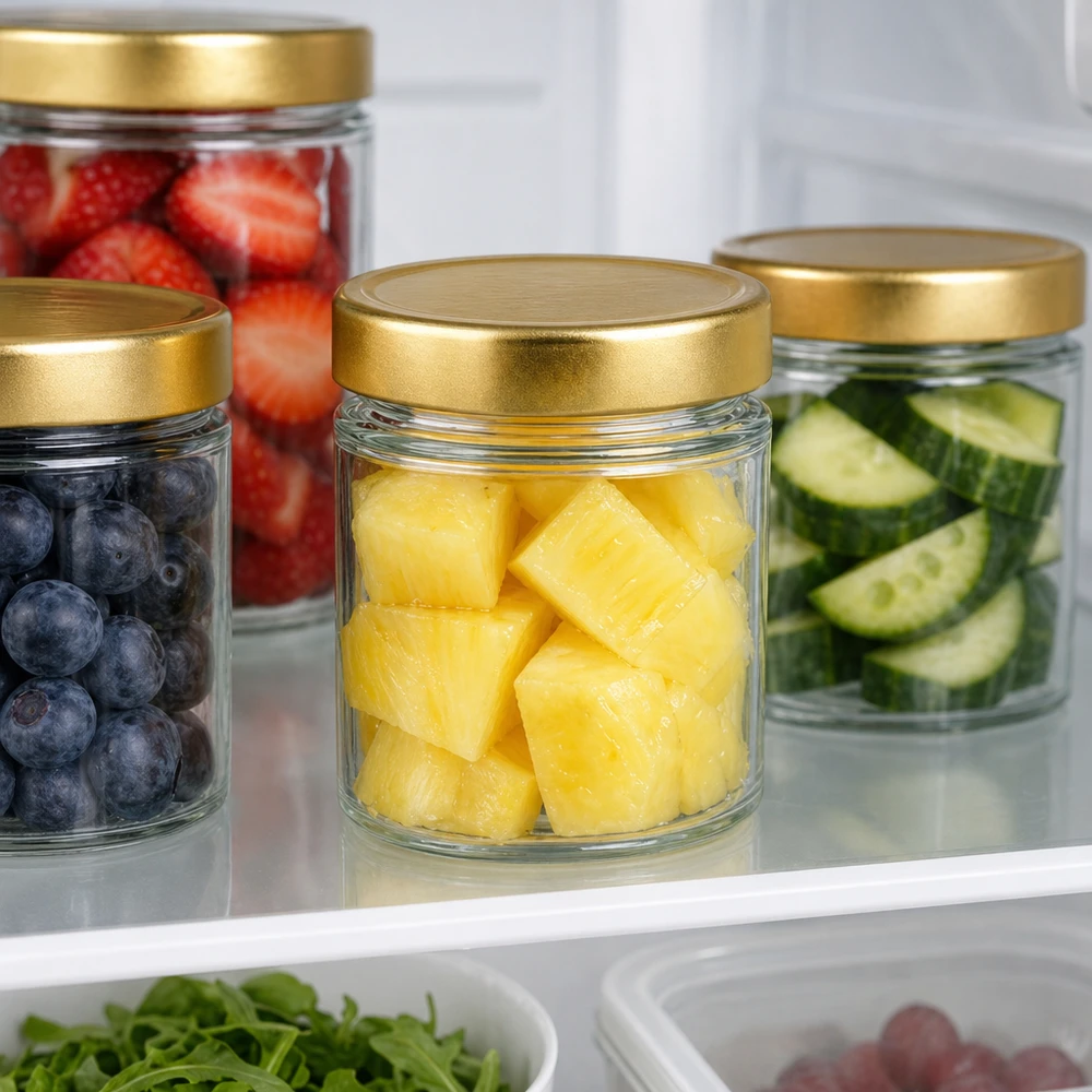 154 ml rund krukke med BasicSeal-låg guld dyb UNiTWIST 154ml Rundglas BasicSeal gold im Kühlschrank mit Obst Ananas Beeren Gurken frische Lebensmittel Meal Prep Aufbewahrung