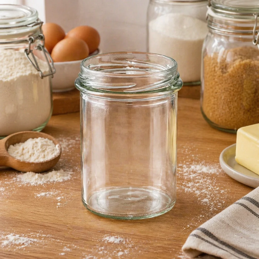 UNiTWIST Sturz230 - Briller med indhold 230 ml TO66 UNiTWIST Sturz230-bægre 230ml TO66 tomme på træbord mellem bageingredienser, mel, æg og konservesglas