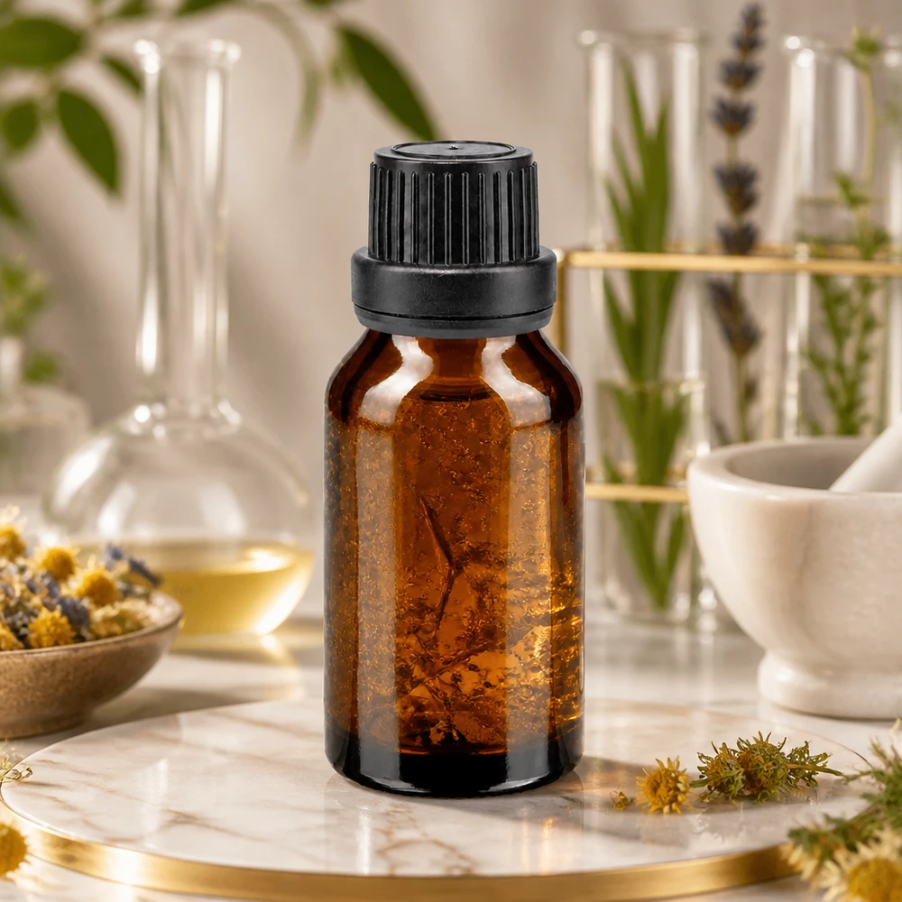 15 ml brun glasflaske med sort originalprop på marmor blandt lægeurter og laboratorieudstyr