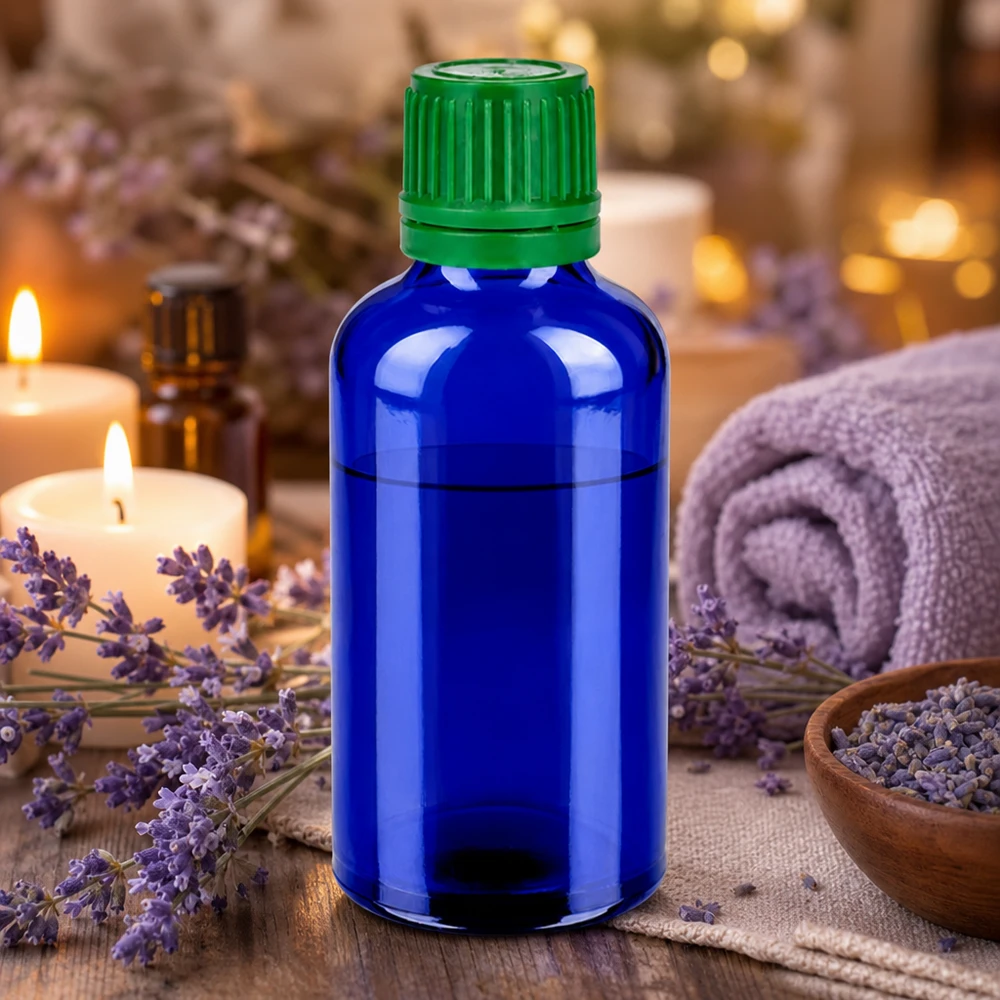 50 ml glasflaske af høj kvalitet i elegant blå med praktisk grøn hætte til aromaterapi