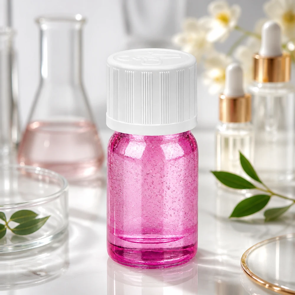 5 ml dråbeflaske 1,2 mm hvid standard børnesikret PurpleLine. UT18/5 Gennemsigtig 5 ml dråbeflaske med hvidt skruelåg UT18/5 til laboratorie- og kosmetikbrug