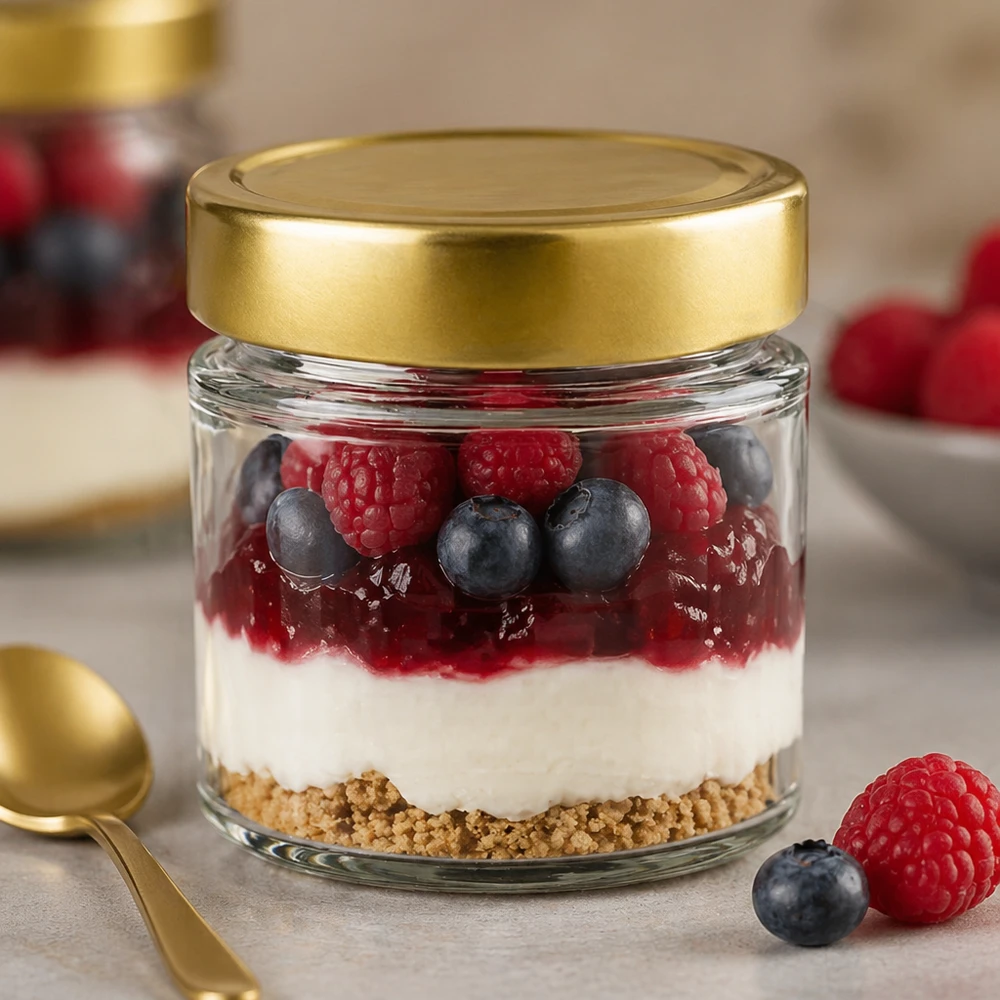 154 ml rund krukke med BasicSeal-låg guld dyb UNiTWIST 154 ml rundt glas BasicSeal guld fyldt med dessertyoghurt bær blåbær hindbær crumble lagdelt dessert