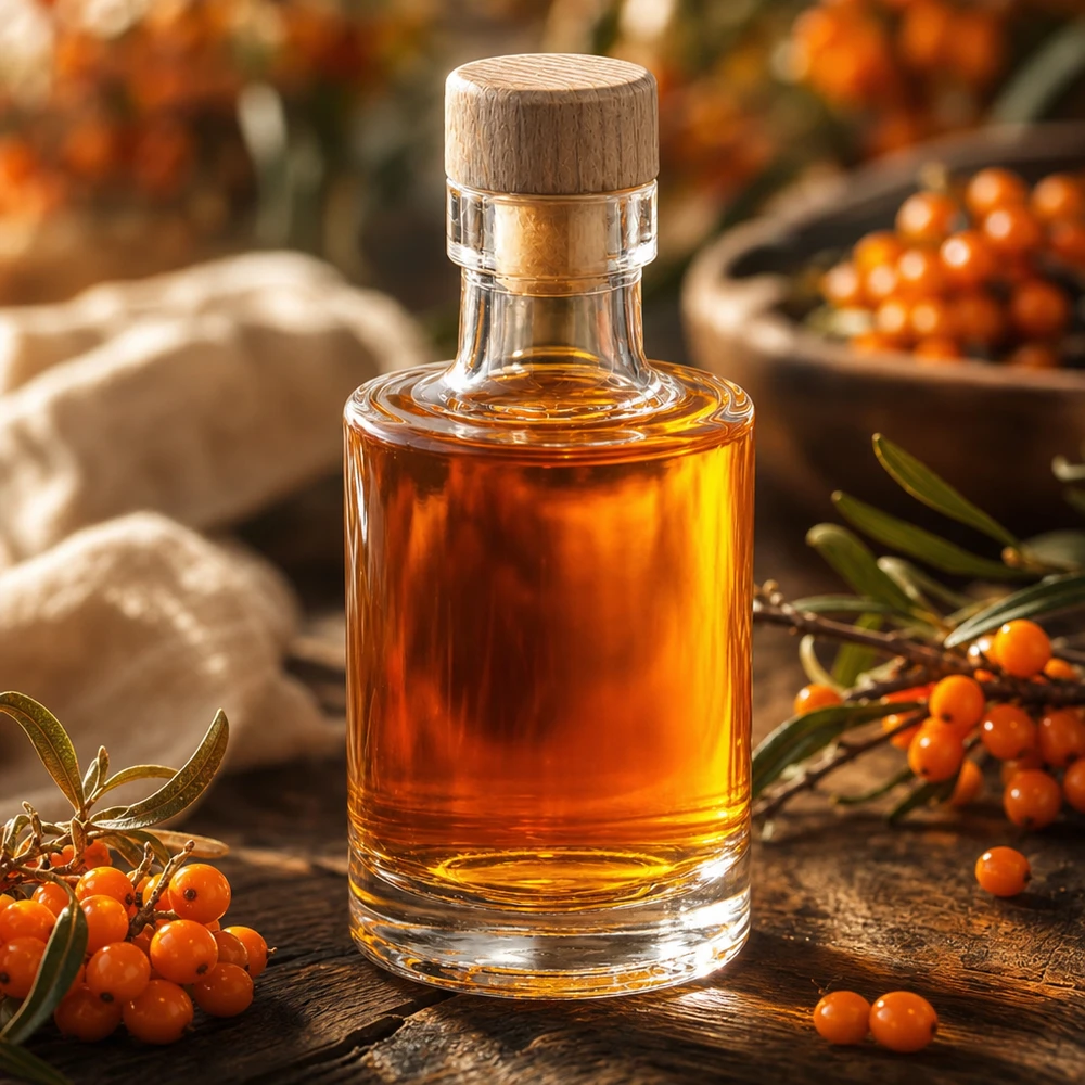 100 ml glasflaske Marie med træprop fyldt med ravfarvet væske dekoreret med havtornbær natural