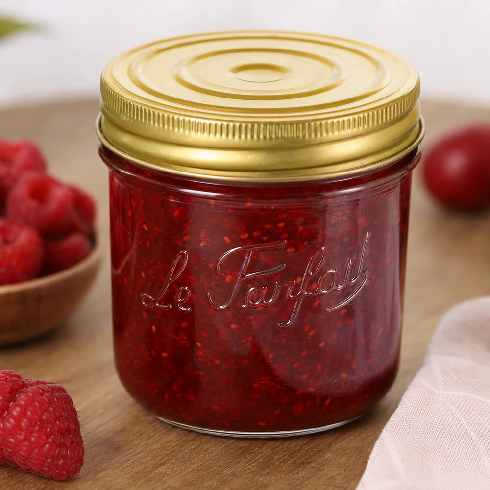 Le Parfait® Familia Wiss 350 g Ø100 mm glas 415 ml Familia Wiss-krukke med gyldent låg fyldt med rød marmelade ved siden af friske jordbær på et træbord