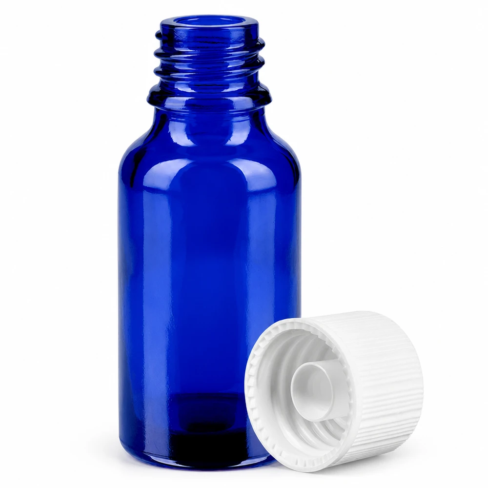 20 ml flaske 11 mm SV hvid STD BlueLine UT18/20 Blå apotekerflaske 20 ml med tråd og hvid hætte til dråber og tinkturer