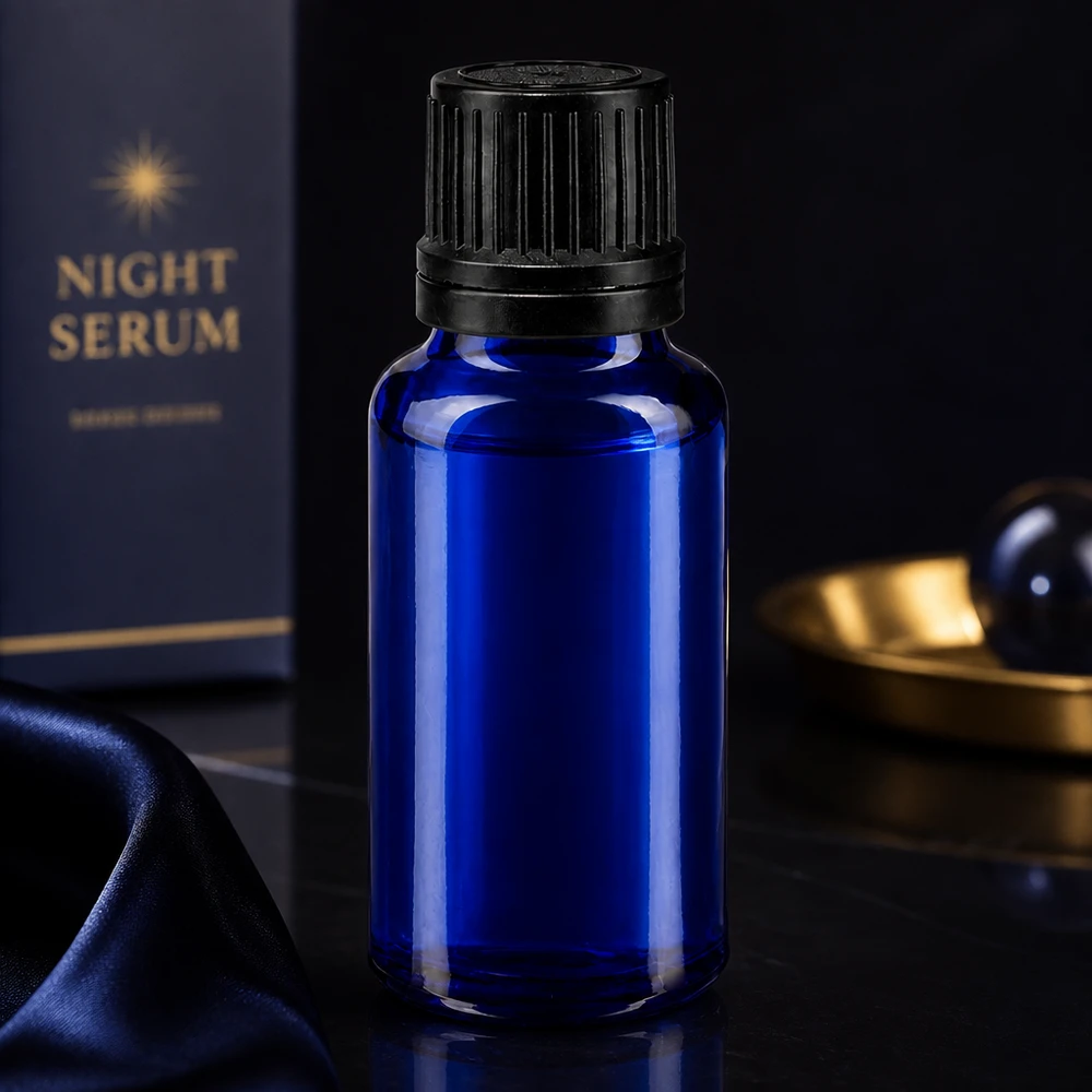 Koboltblå 20 ml dråbeflaske med sort OV-lukning til serum og æteriske olier