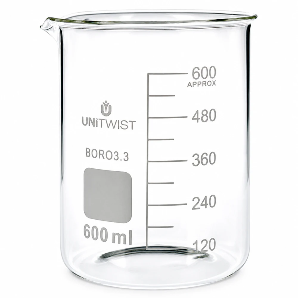 Bæger 600 ml borosilikat, lav form UNiTWIST 600 ml bægerglas af borosilikatglas, lav model med millimeterskala fra UNiTWIST