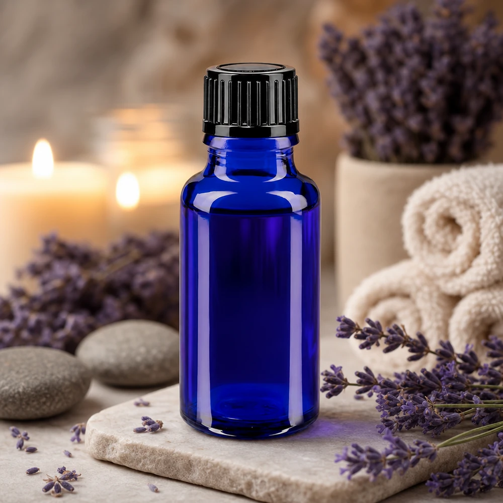 Apoteksflaske blå 20ml dryp v. 1mm sort pc Koboltblå 20 ml glasflaske med sort dråbeflaske på natursten med lavendelblomster