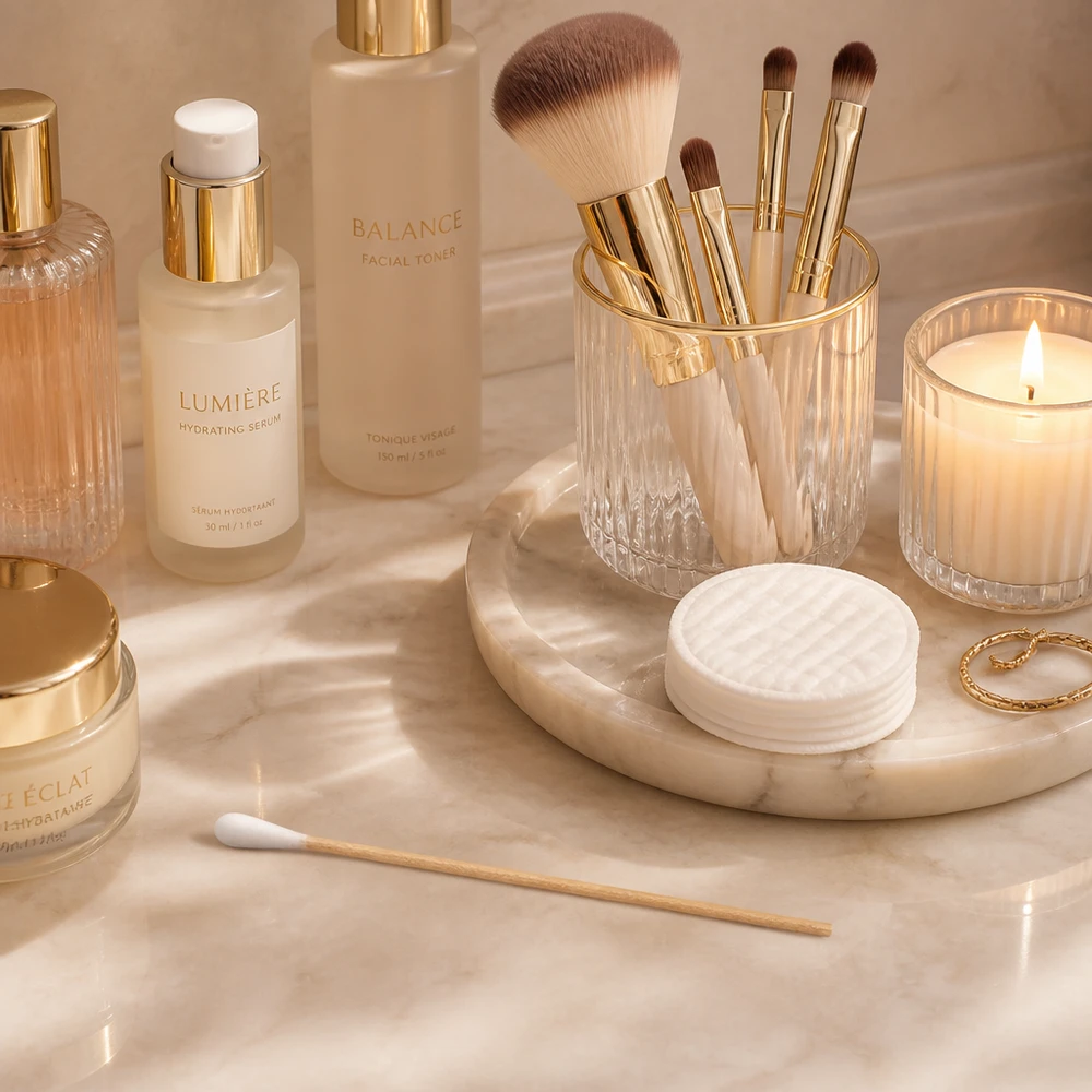 Usterile vatpinde med træskaft på en marmorhylde ved siden af Lumière Hydrating Serum og Balance Facial Toner