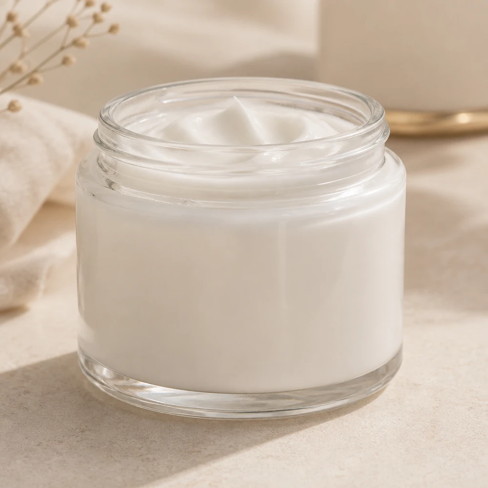 Salvebeholder (glasbeholder) 250 ml klar, uden låg, gevind 83mm/R3 Klar glaskrukke 250 ml Nærbillede uden låg til kosmetik og salver Nærbillede