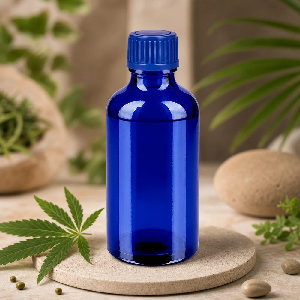 50 ml BlueLine-glasflaske UT18/50 med rillet skruelåg for optimalt greb og lukning