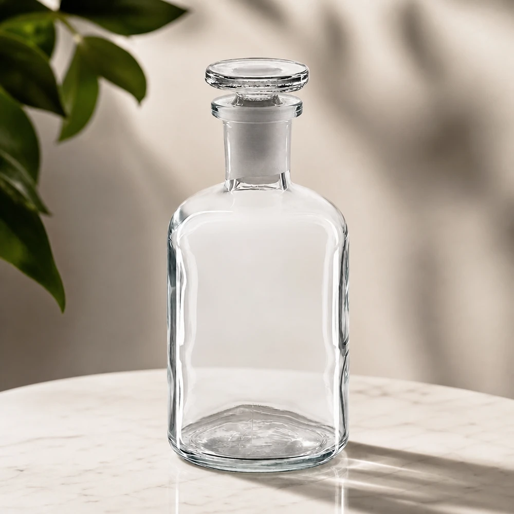 Rund skulderflaske 100 ml klar glasprop med smal hals Flaske med runde skuldre, 100 ml, klart glas, med smal hals og rund glasprop på marmor