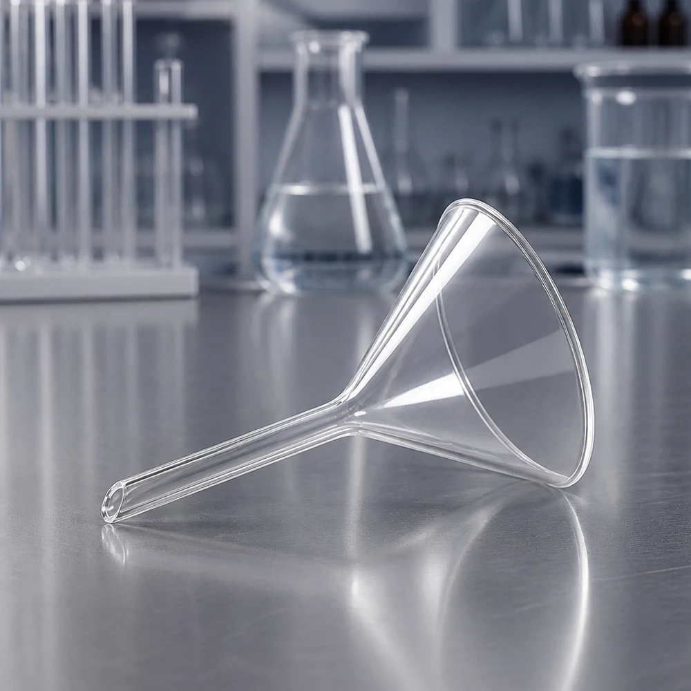 Tragt Ø 50 mm sodakalk, vinkel 60°, kort model Gennemsigtig laboratorietragt i glas med 50 mm åbning til kemiske anvendelser og eksperimenter