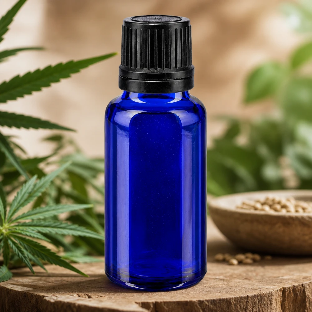 Koboltblå 20 ml apotekerflaske med sort børnesikret låg og hampplanter