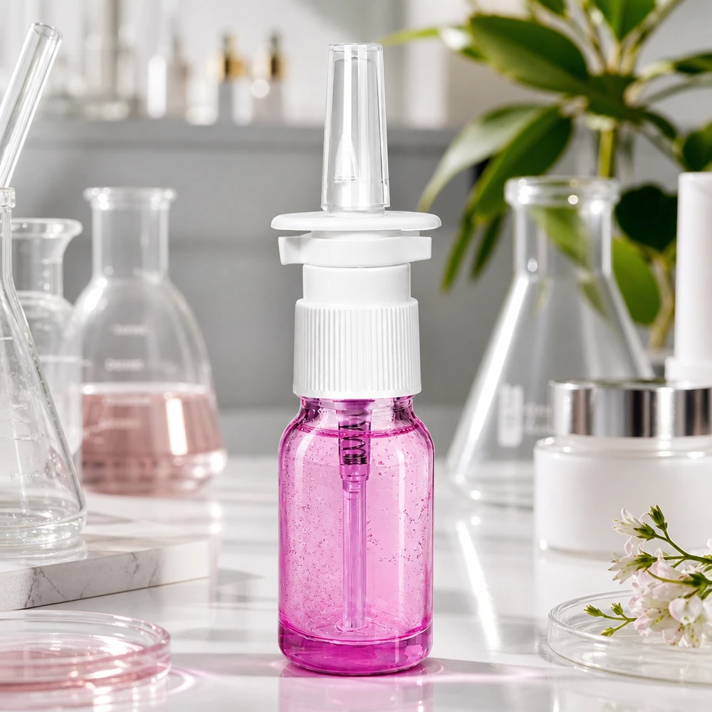 10 ml næsesprayflaske hvid/transparent standard PurpleLine. UT18/10 Lille 10 ml næsesprayflaske i gennemsigtig lilla med praktisk spraytilbehør til at have med på farten