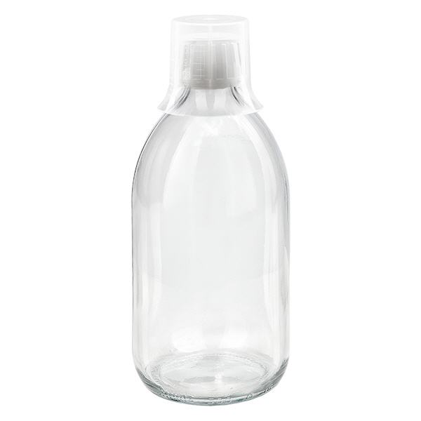 500 ml medicinflaske klar, hætte OV med doseringsbæger 30 ml ApoGlas. Farmaceutisk kvalitet fra EU-produktion. 28 mm (PP28) gevind. (sirup, let glasflaske)