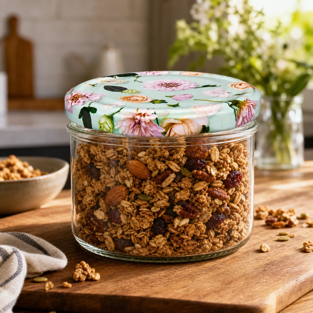 230 ml cylinderglas + BasicSeal låg Blume mint Müsli i 230 ml cylinderglas med BasicSeal-låg blomstermynte på træplade - opbevaringsglas til køkkenindretning