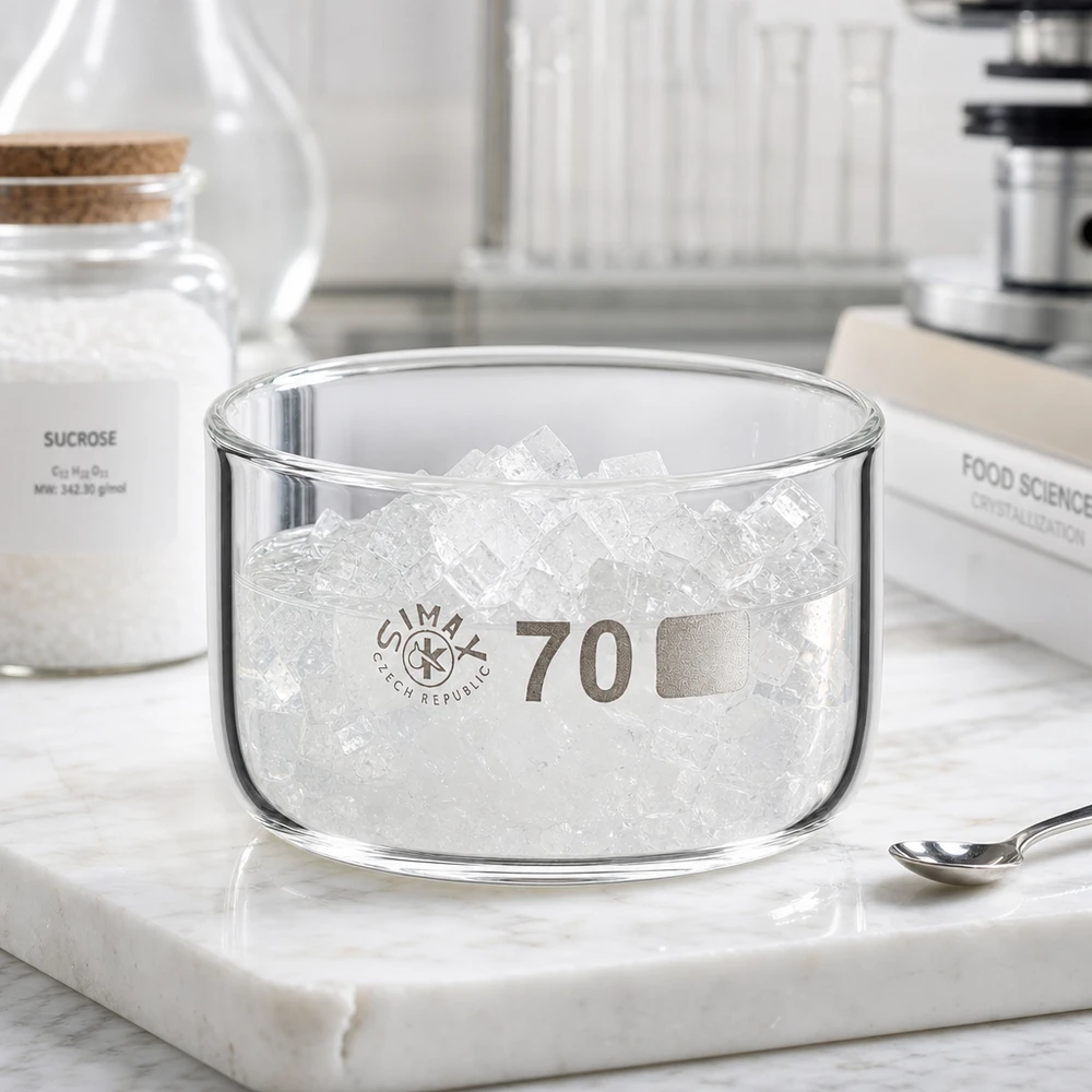 Krystalliseringsskål 100 ml uden tud Borosilikat Flad, cylindrisk glasskål med en diameter på 70 mm, fyldt med sukkerkrystaller ved siden af et glas med saccharose