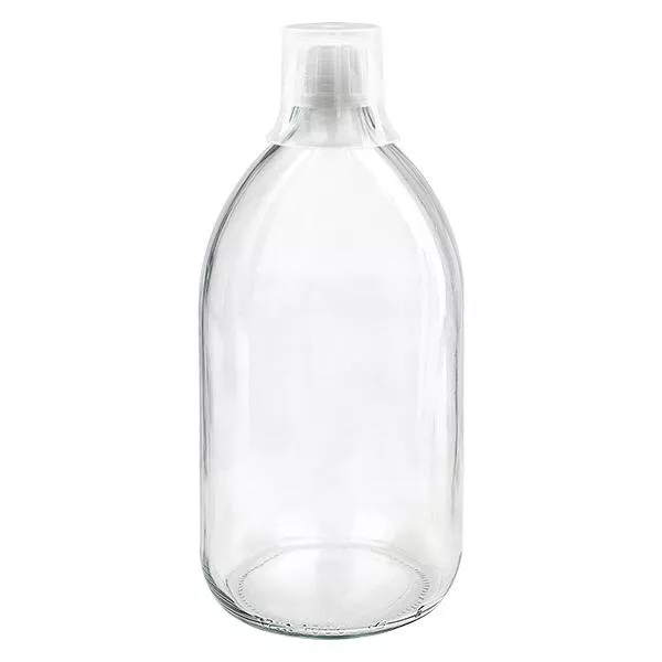 1000 ml medicinflaske klar, hætte OV med doseringsbæger 30 ml ApoGlas. Farmaceutisk kvalitet fra EU-produktion. 28 mm (PP28) gevind. (sirup, let glasflaske)