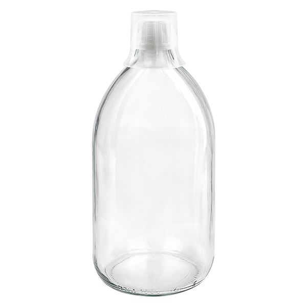 1000 ml medicinflaske klar, hætte OV med doseringsbæger 30 ml ApoGlas. Farmaceutisk kvalitet fra EU-produktion. 28 mm (PP28) gevind. (sirup, let glasflaske)