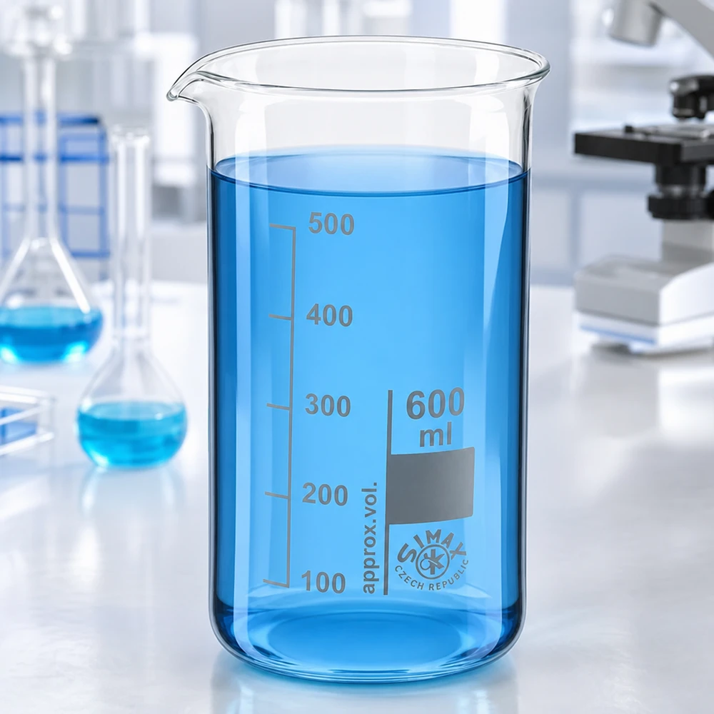 Bægerglas 600 ml borosilikatglas, høj form Gennemsigtigt laboratoriebæger på 600 ml, højt design, med blå væske på et hvidt laboratoriebord