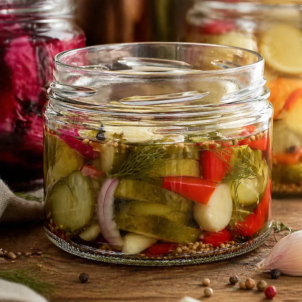 UNiTWIST Runda540 - Briller med en kapacitet på 540 ml TO100 UNiTWIST Runda540 bægre 540ml TO100 med syltede grøntsager agurker peberfrugter løg dild pickles