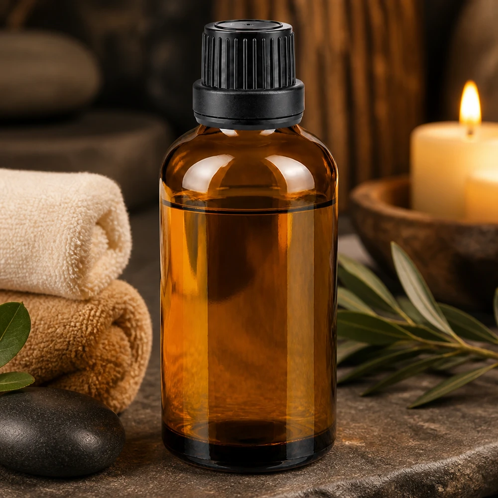 Apoteksflaske brun 50ml skruelåg sort tæt OV Brun 50 ml apotekerflaske med sort sikkerhedslåg på en natursten ved siden af wellness-tilbehør