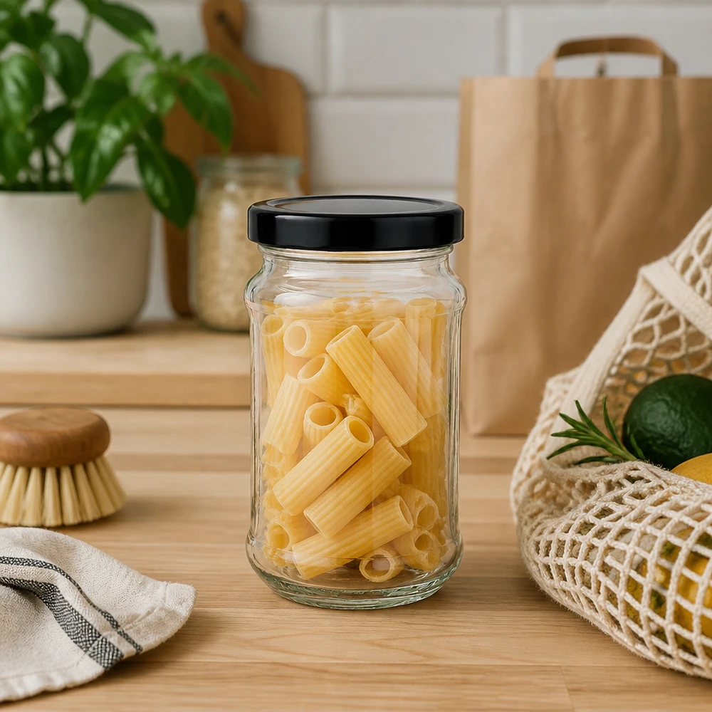 390 ml rund krukke med BasicSeal-låg sort UNiTWIST 390 ml rund krukke med sort BasicSeal-låg fyldt med pasta på træbordplade - ideel pastaopbevaring