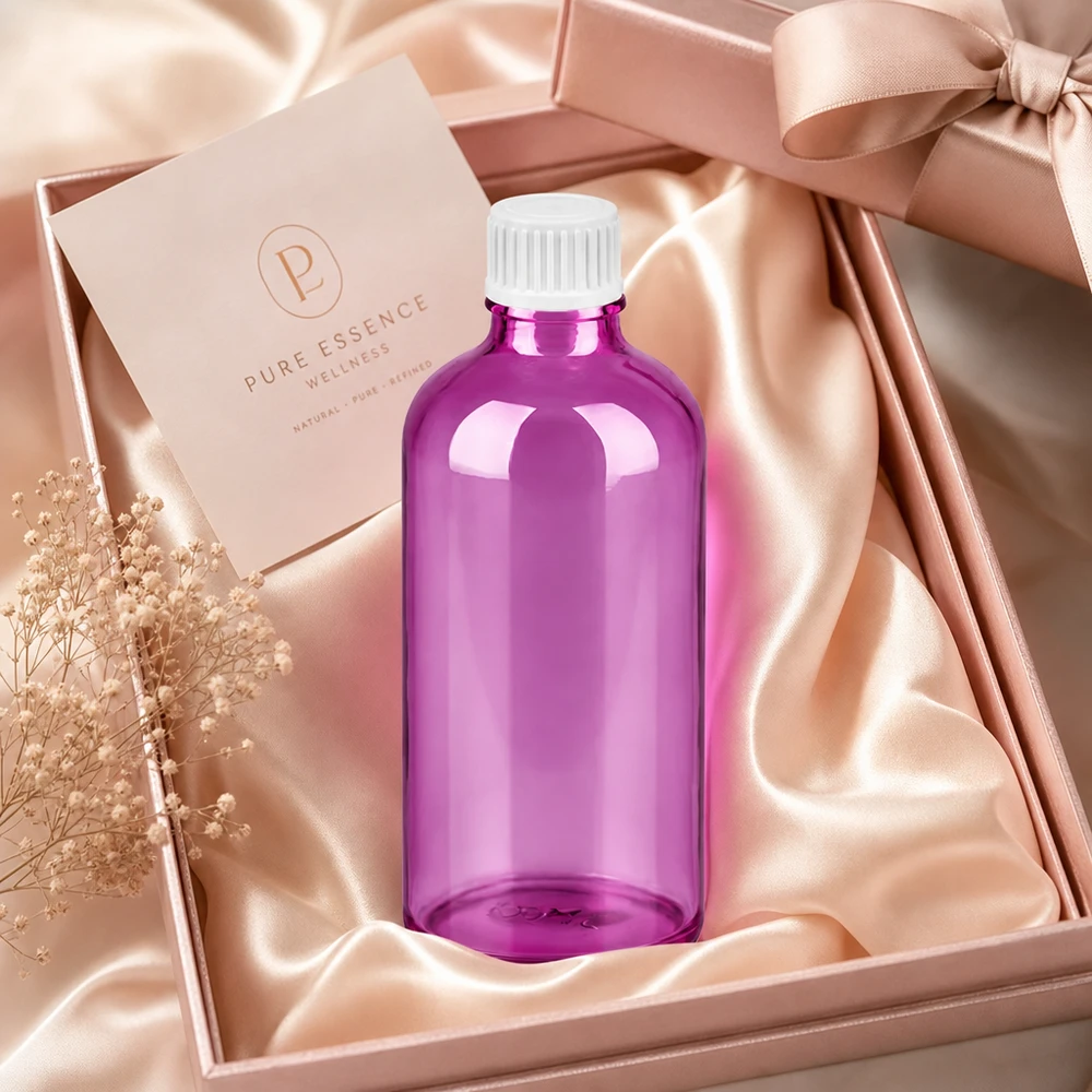 100 ml dråbeflaske 0,9 mm hvid standard PurpleLine UT18/100 Gennemsigtig dråbeflaske 100 ml i elegant lilla design med professionel hvid dråbehætte