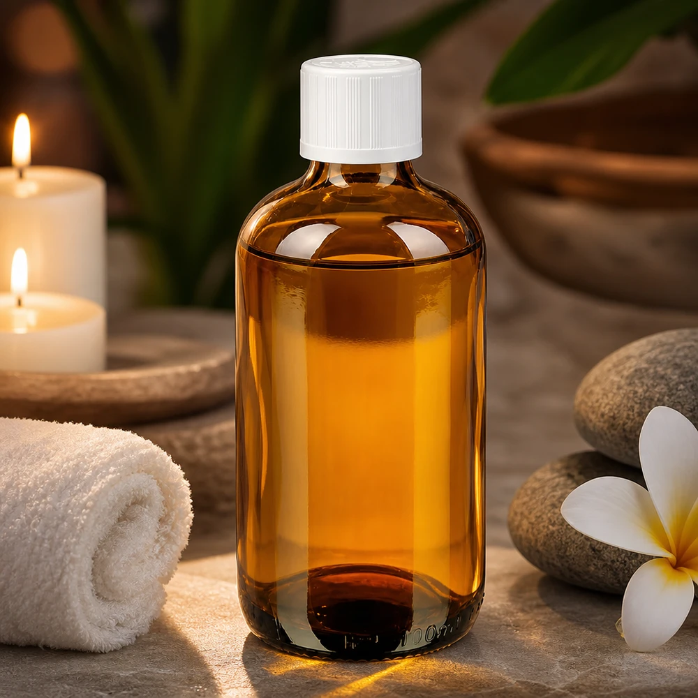 Apoteksflaske brun 100 ml skruelåg hvid KiSi St 100 ml brun glasflaske med hvid børnesikret låg, massageolie, wellness, spa, atmosfære