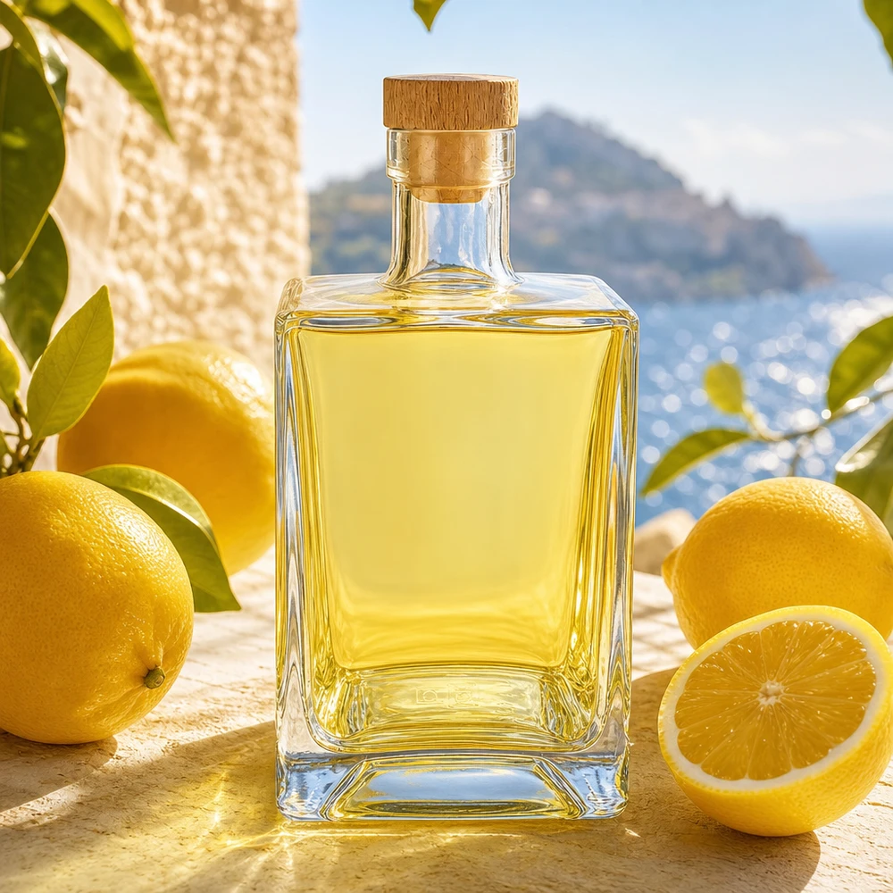 700 ml glasflaske »Ben« med træhåndtagskork UNiTWIST® 700 ml glasflaske Ben fyldt med gul likør mellem citroner i middelhavssammenhæng med korkprop
