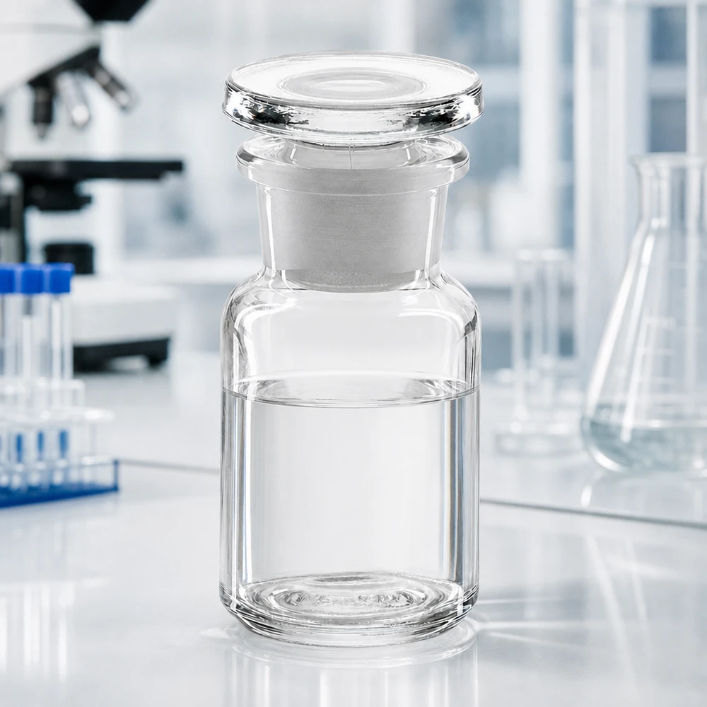 Rund skulderflaske 50 ml klar glasprop med bred hals Rundskulderflaske, 50 ml, klar, med bred hals og glasprop på et hvidt laboratoriebord