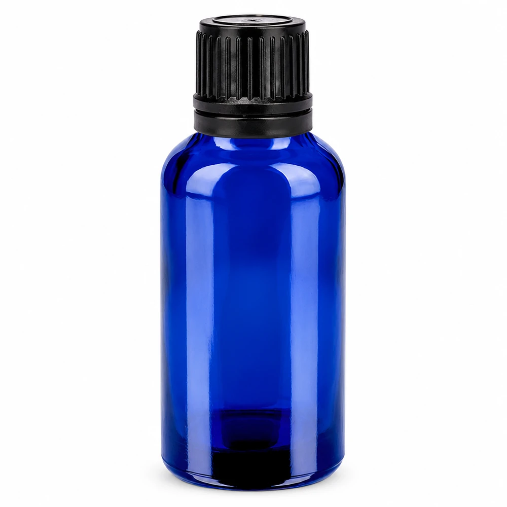 30 ml flaske 11 mm SV sort OV BlueLine UT18/30 30 ml blå glasflaske med sort hætte til æteriske olier og kosmetik